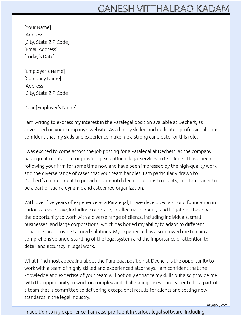 Paralegal At Dechert Cover Letter