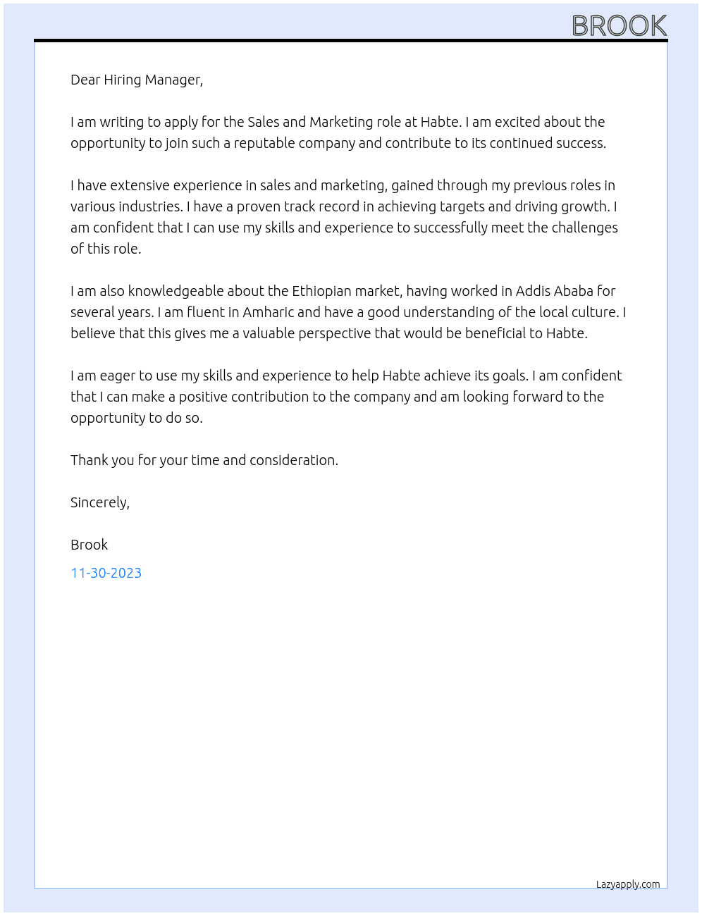 SALES AND MARKETING At HABTE Cover Letter