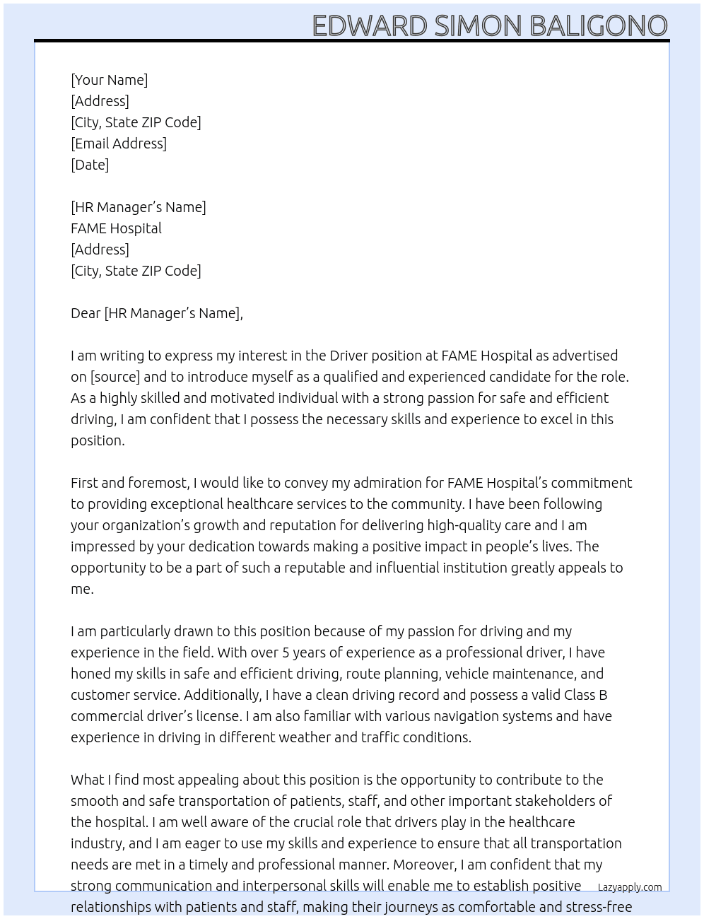 Driver At FAME HOSPITAL Cover Letter