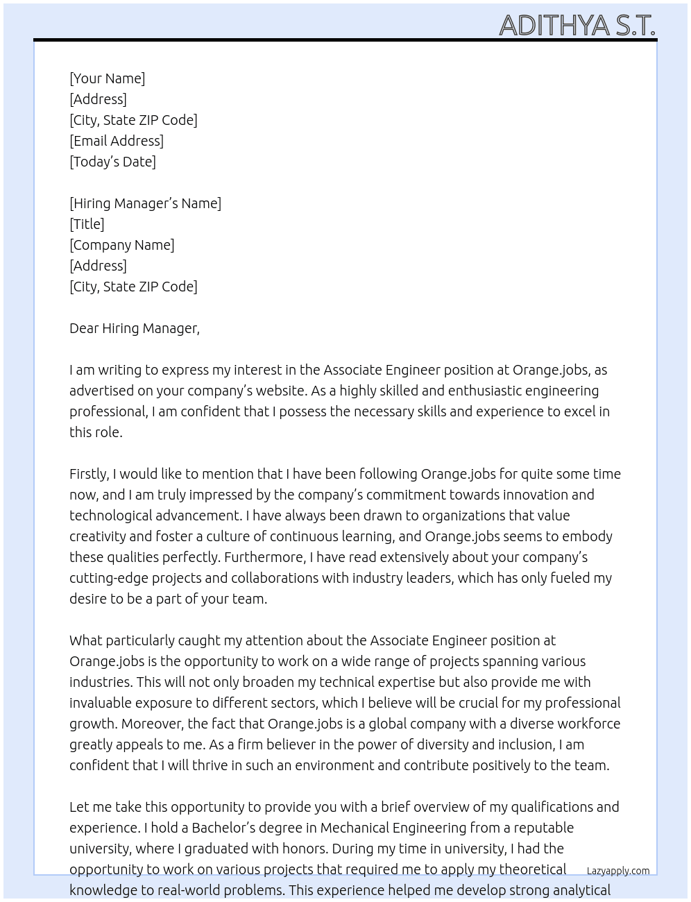 Associate Engineer  At Orange.jobs Cover Letter
