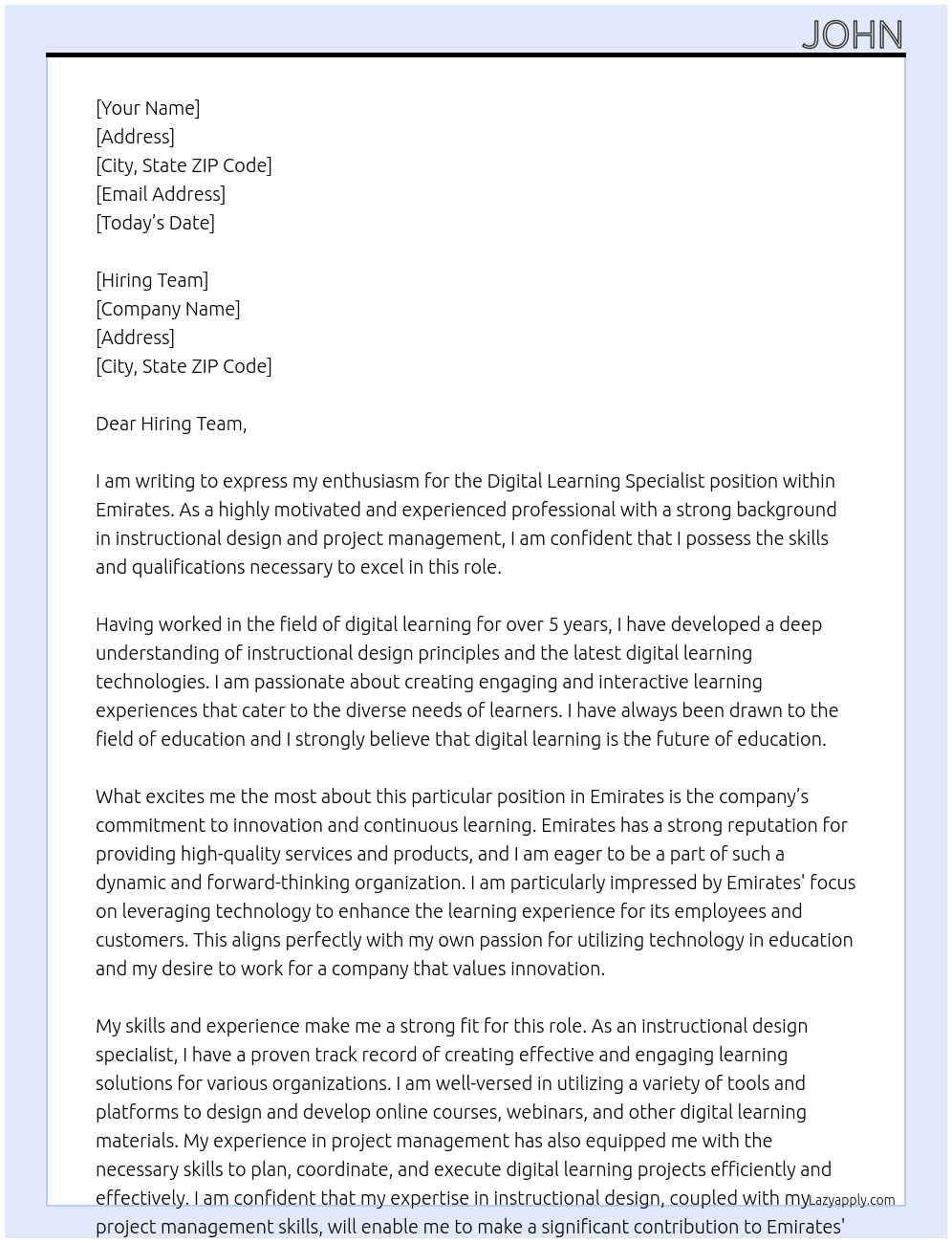 Cover letter for digital learning specialists - LazyApply
