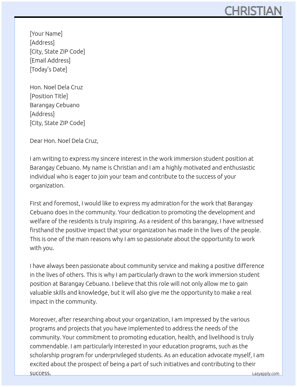 work immersion student  At barangay cebuano Cover Letter