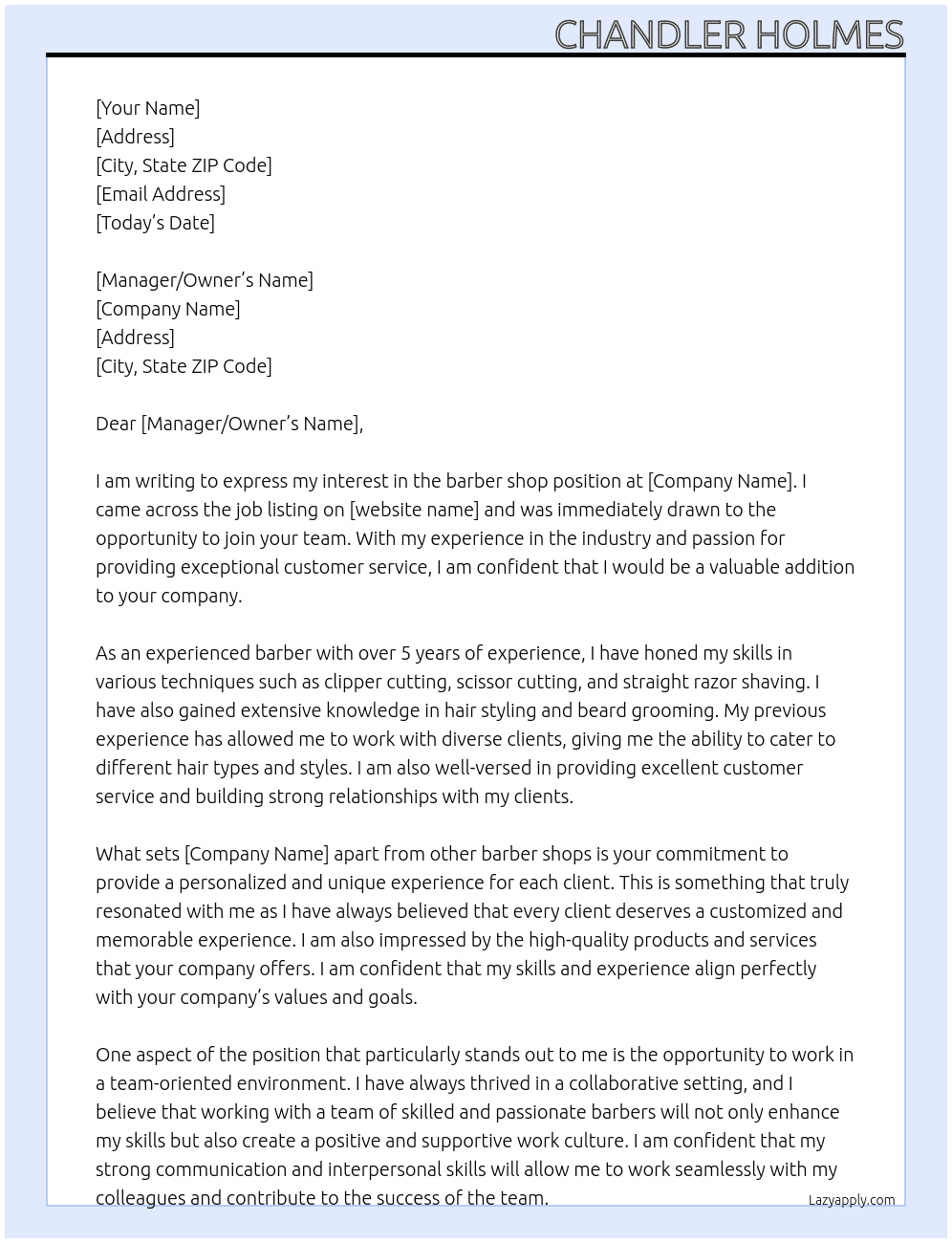 barber shop At barbershop Cover Letter