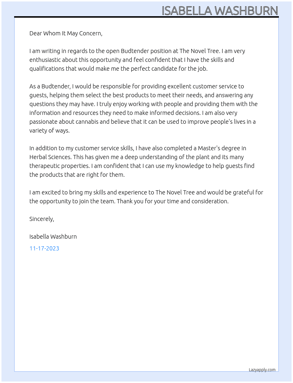 Budtender At The novel tree Cover Letter