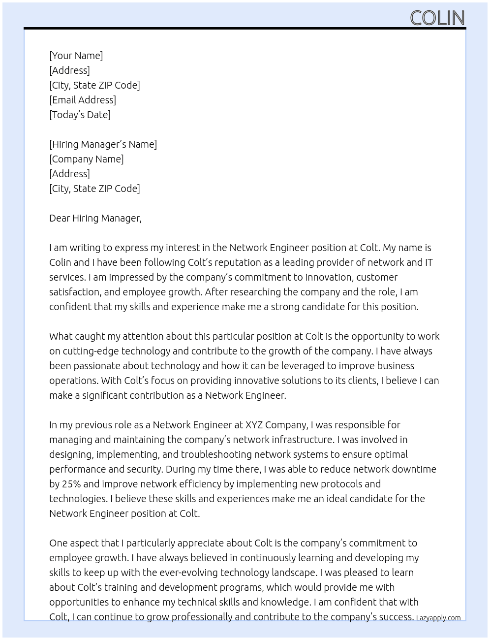 Network Engineer At Colt Cover Letter