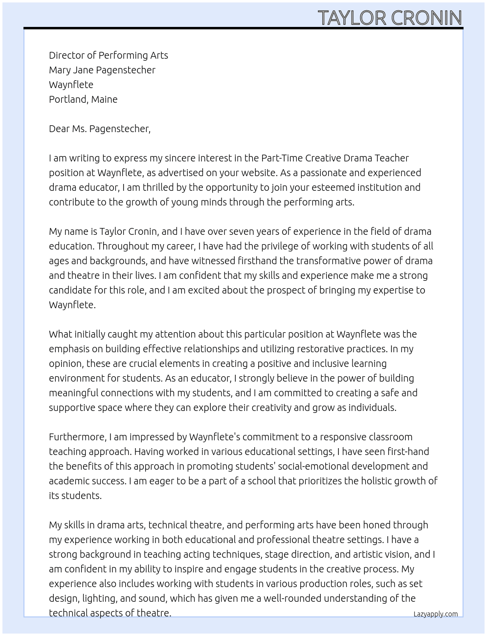 Part-Time Creative Drama Teacher At Waynflete Cover Letter