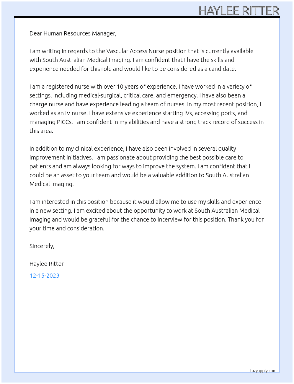 Vascular access nurse  At South Australian Medical Imaging Cover Letter