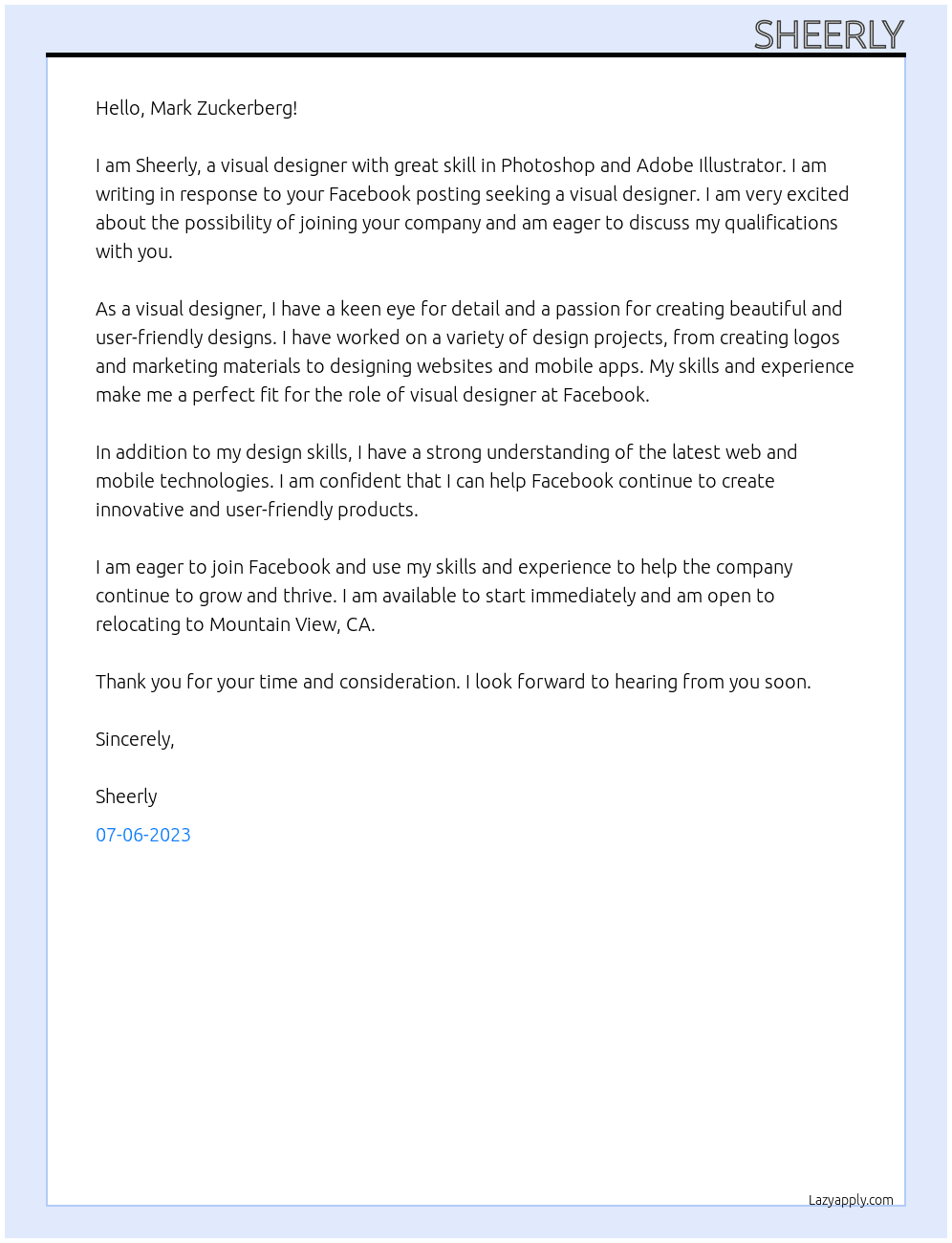 Visual Designer At Facebook Cover Letter
