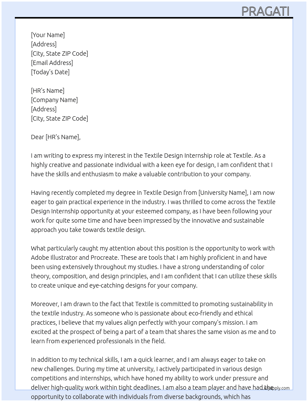 Textile design intern  At Textile  Cover Letter