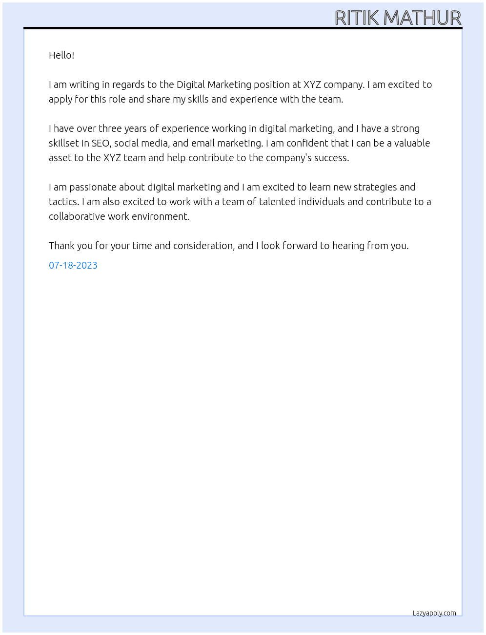 Digital marketing At xya Cover Letter