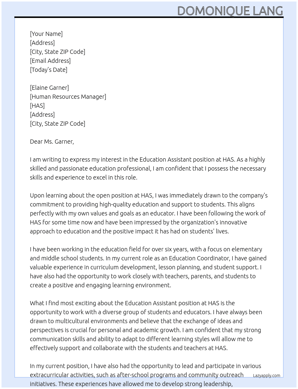 Education Assistant  At HAS Cover Letter
