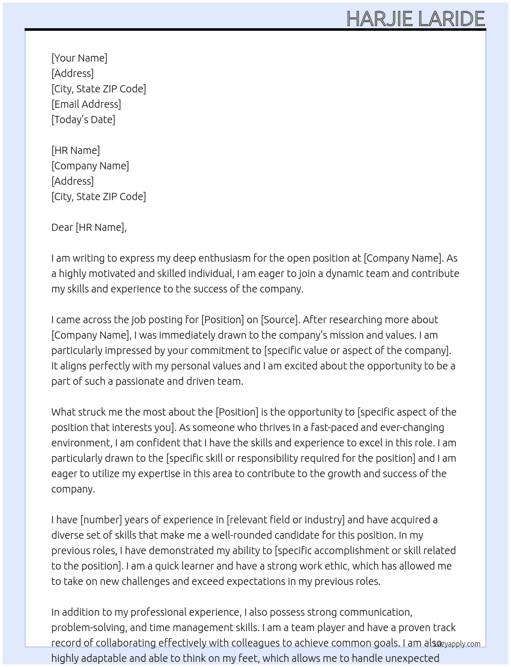 ANY POSITION At ANY VACANT POSITION Cover Letter