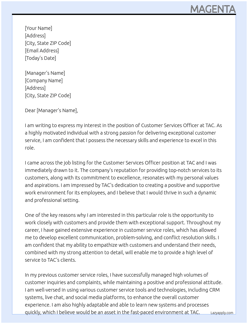 customer services officer At TAC Cover Letter