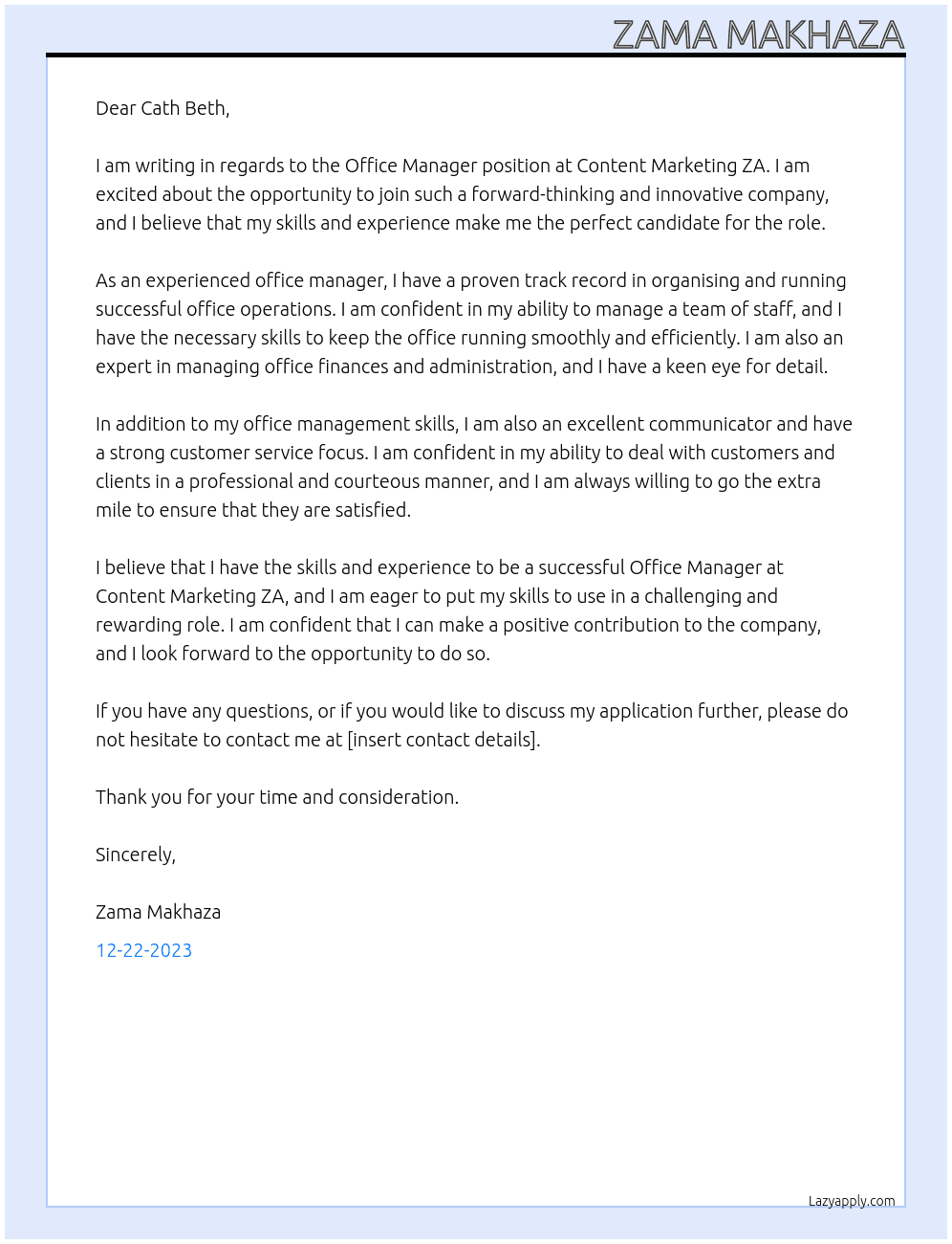 Office Manager At Content Marketing ZA Cover Letter