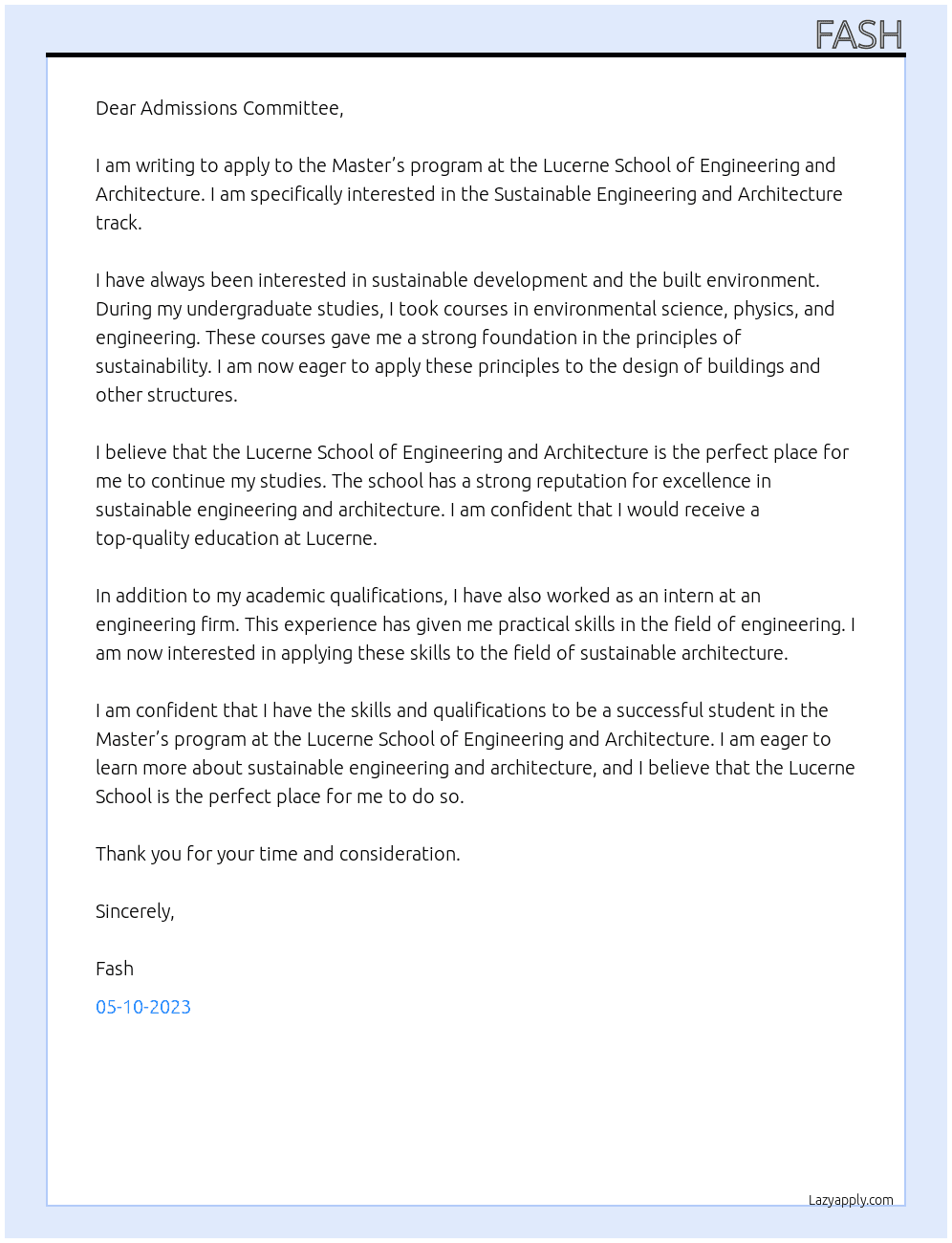 Masters application At Lucerne School of Engineering and Architecture Cover Letter