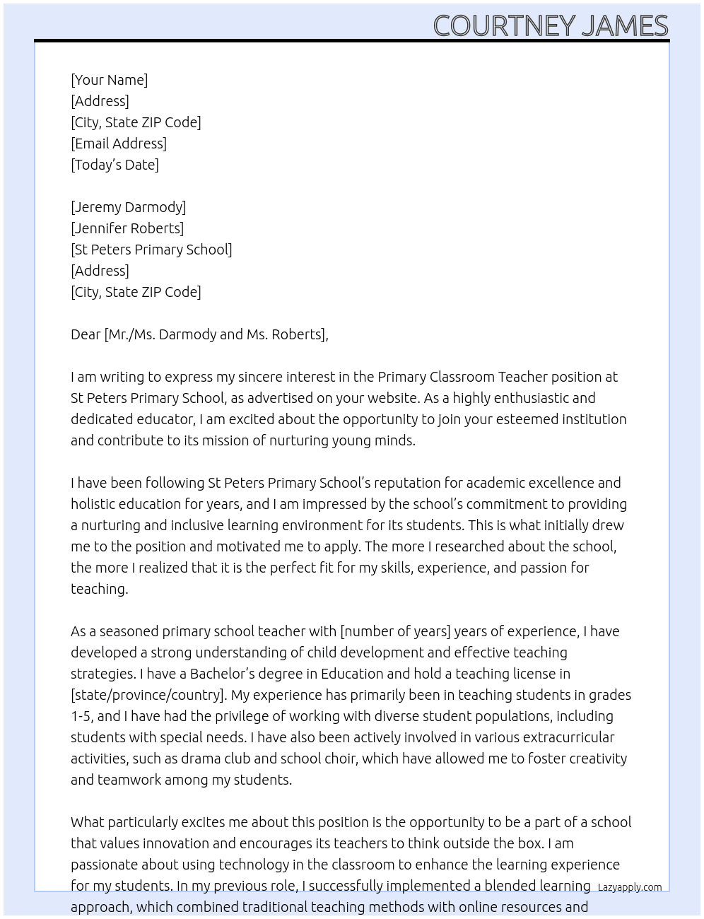 primary classroom teacher At St Peters Primary School Cover Letter