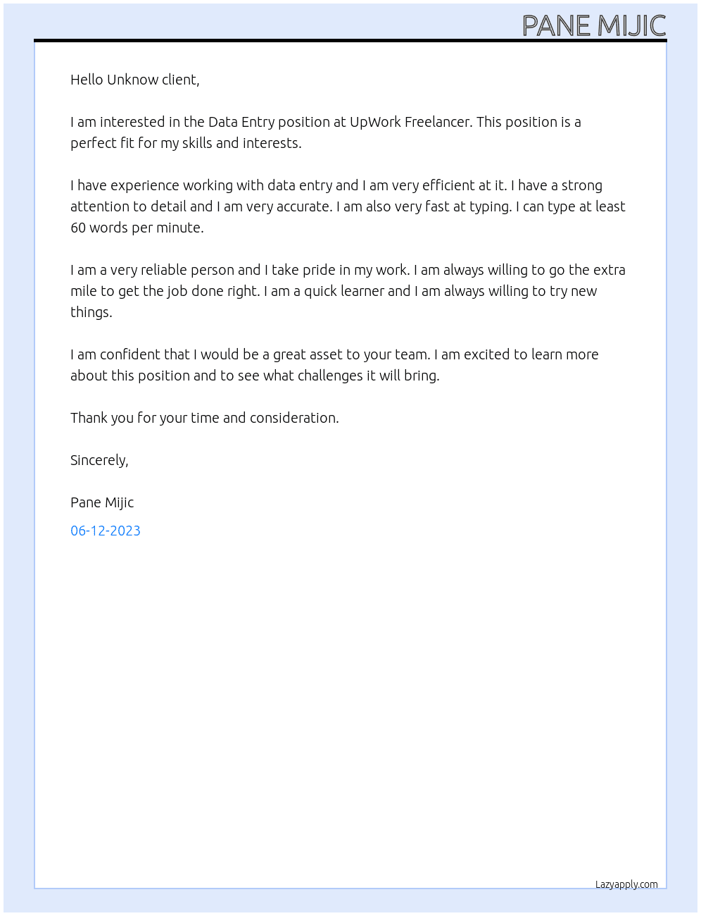 Data Entry At UpWork Freelancer Cover Letter