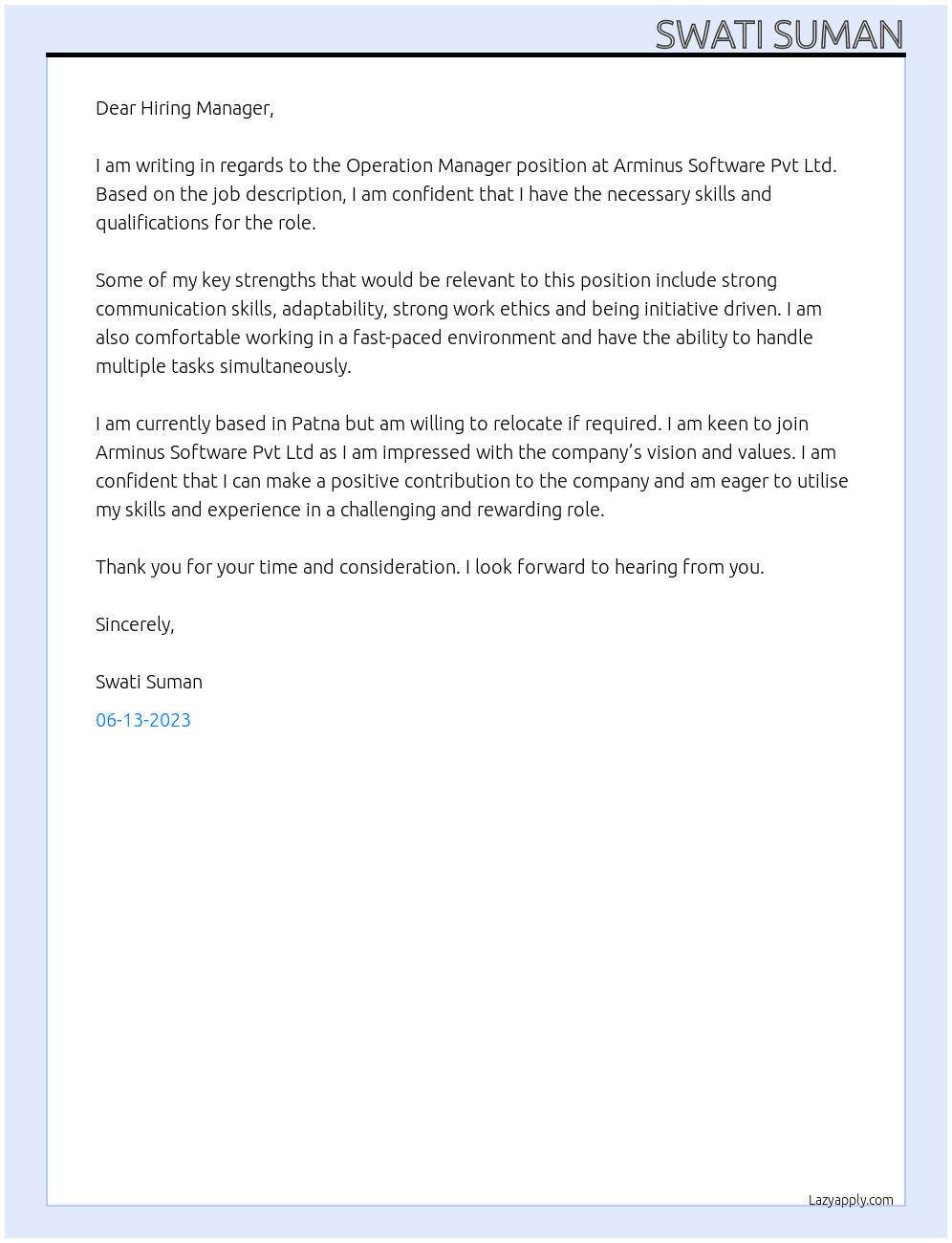 Operation manager  At Arminus software Pvt Ltd  Cover Letter