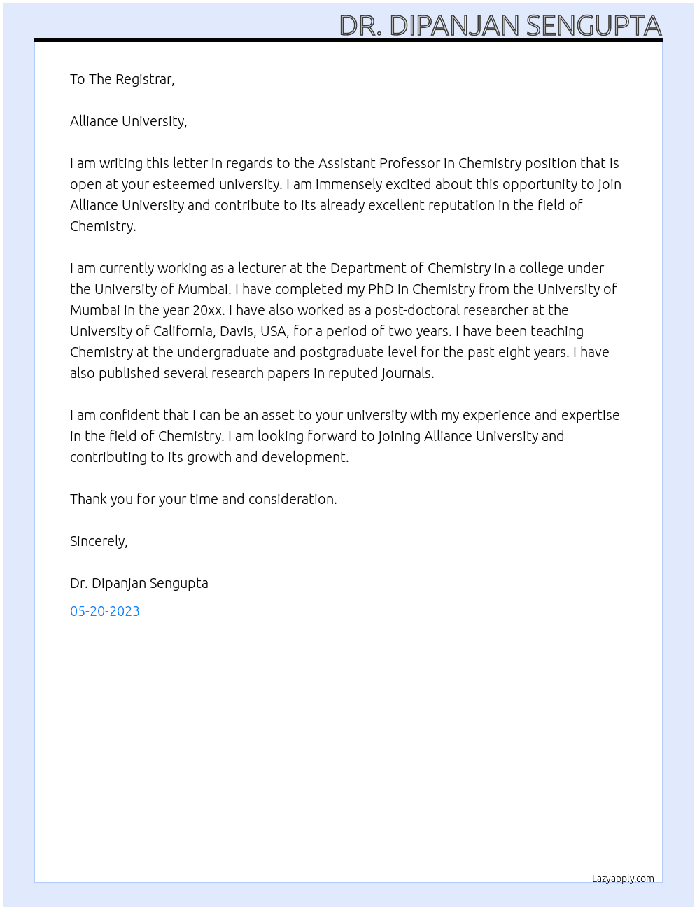 Assistant Professor in Chemistry At Alliance University Cover Letter