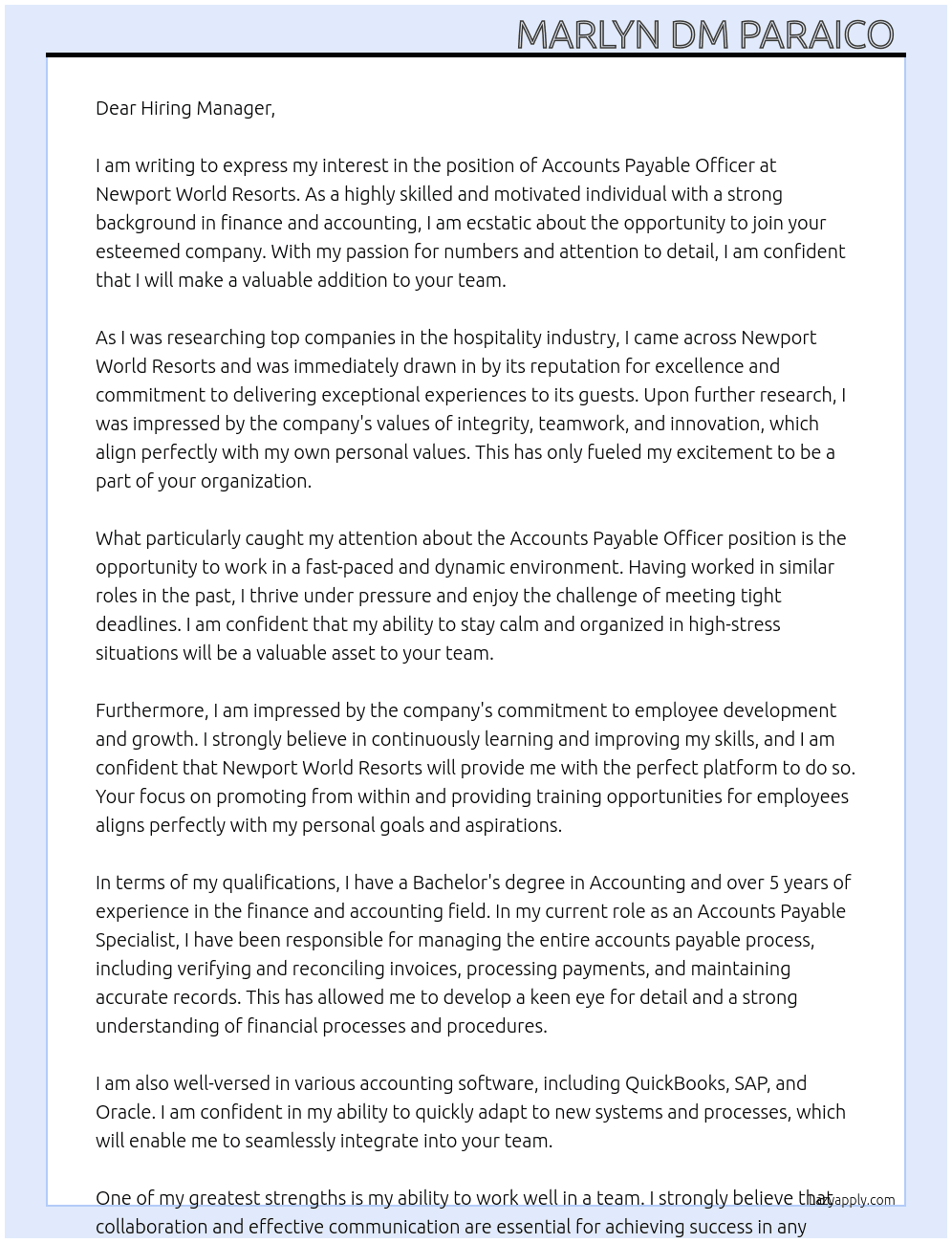 Accounts Payable Officer  At Newport World Resorts  Cover Letter