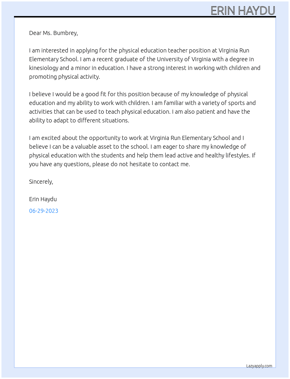 Physical Education Teacher At Virginia Run Elementary School Cover Letter