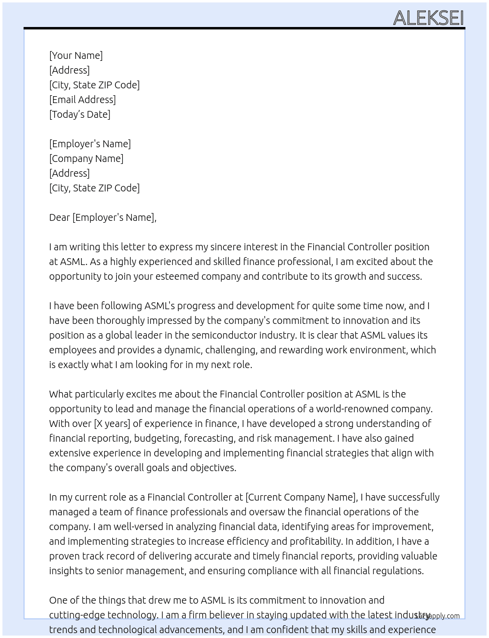 Financial controller At ASML Cover Letter