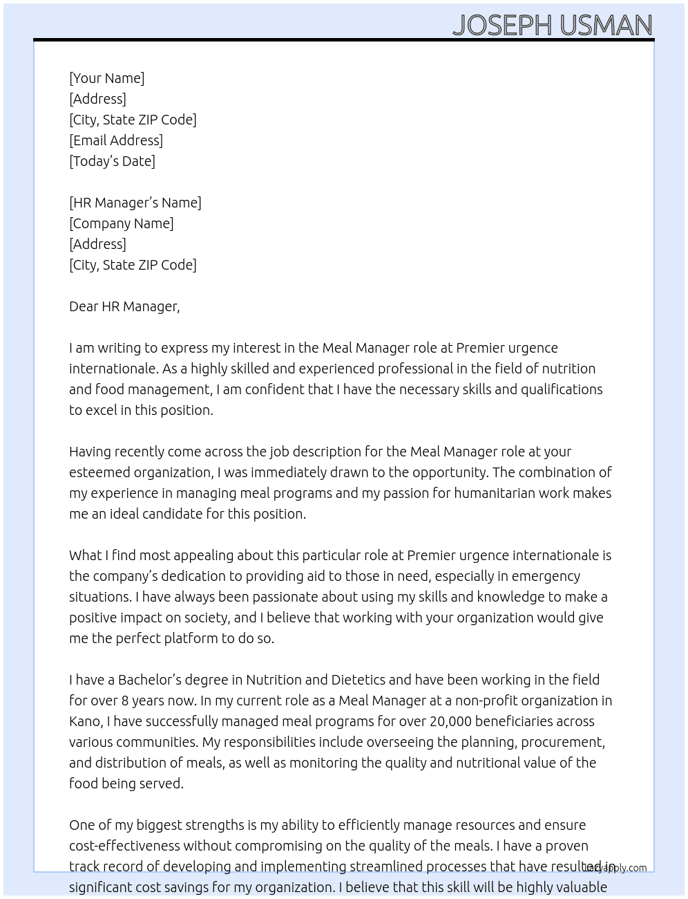 Meal manager At Premier urgence internationale Cover Letter
