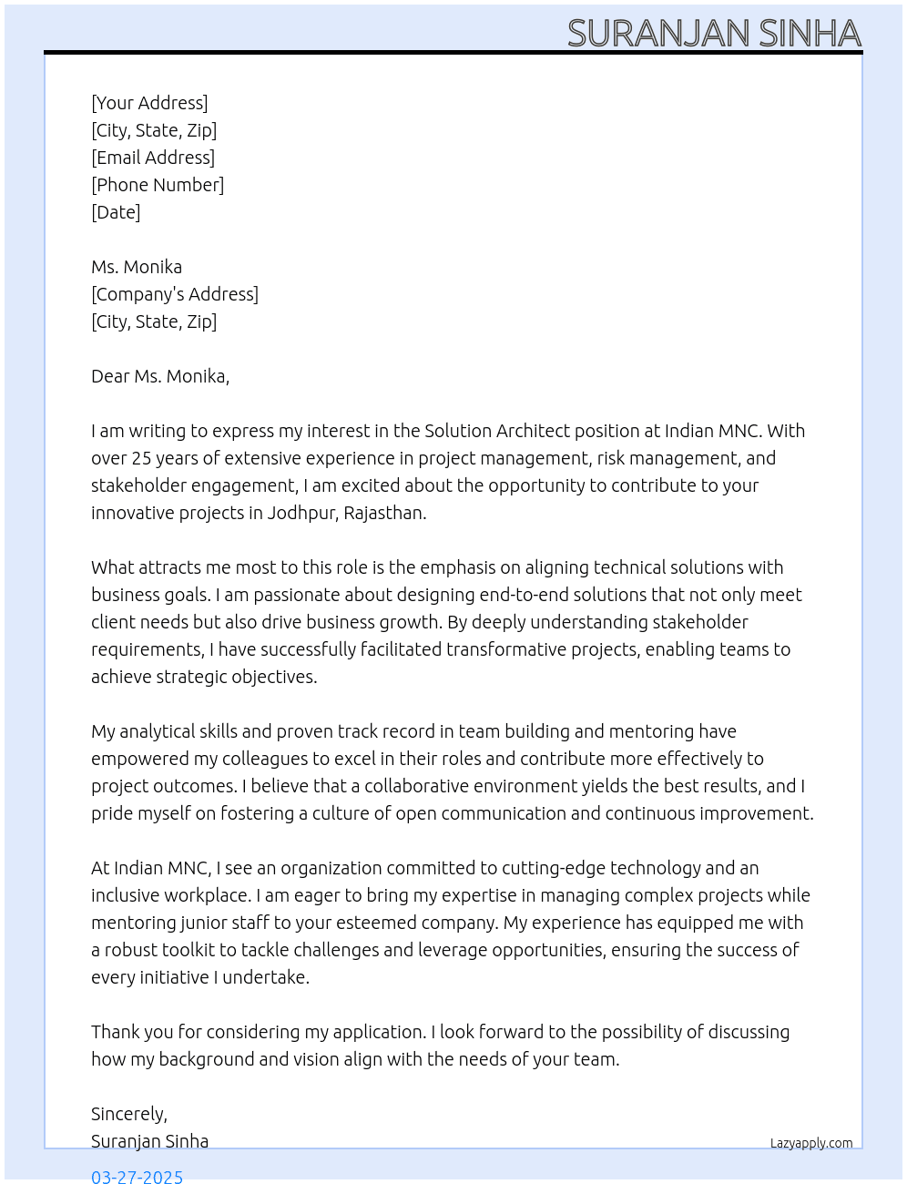 Cover letter for solution architect - LazyApply