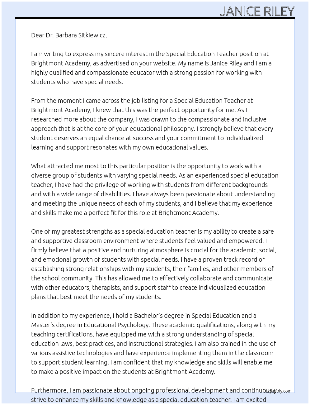 Special Education Teacher At Brightmont Academy Cover Letter