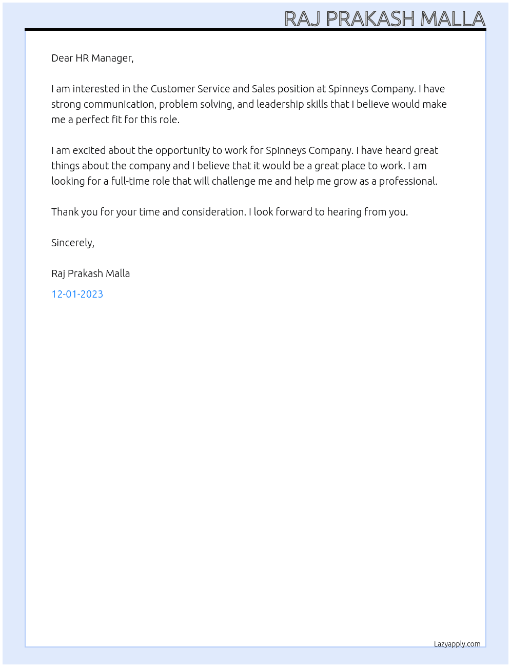 Customer Service and Sales At spinneys company Cover Letter