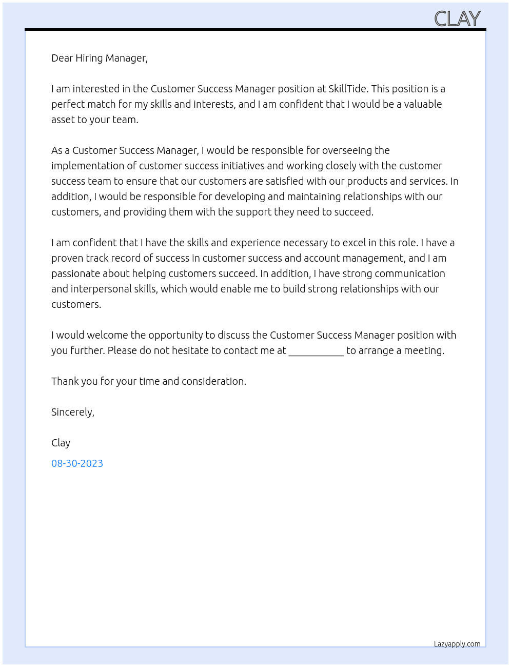 Customer Success Manager  At SkillTide Cover Letter