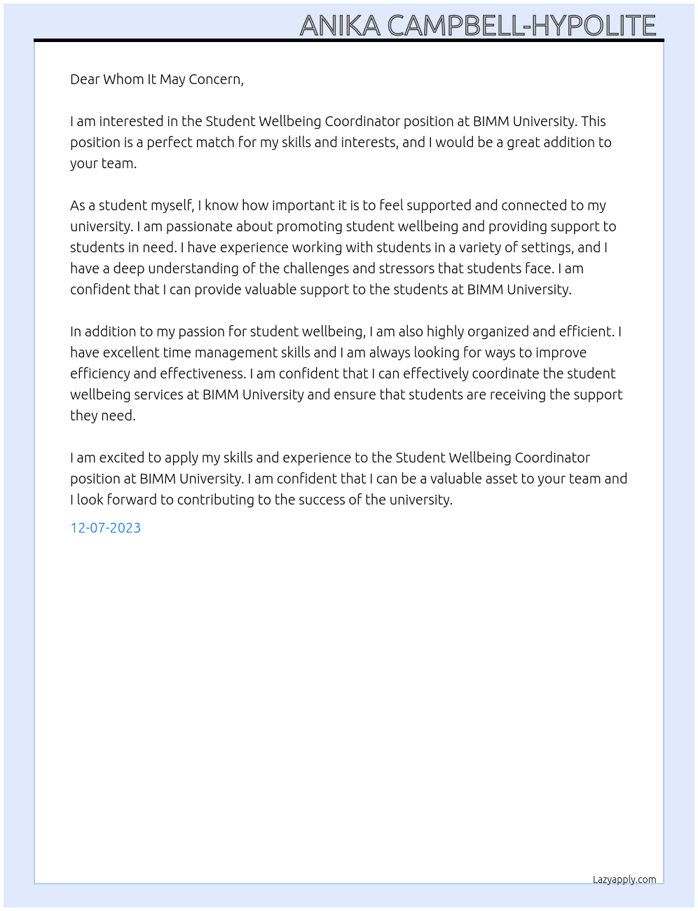 Student Wellbeing Coordinator  At BIMM University  Cover Letter