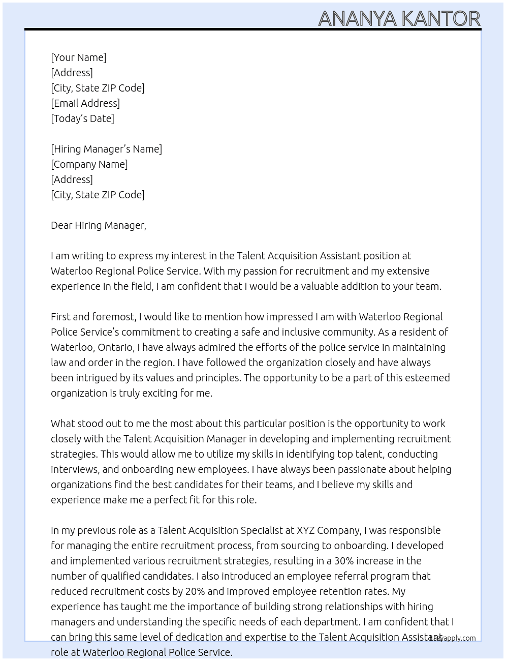 Talent Acquisition Assistant At Waterloo Regional Police Service  Cover Letter