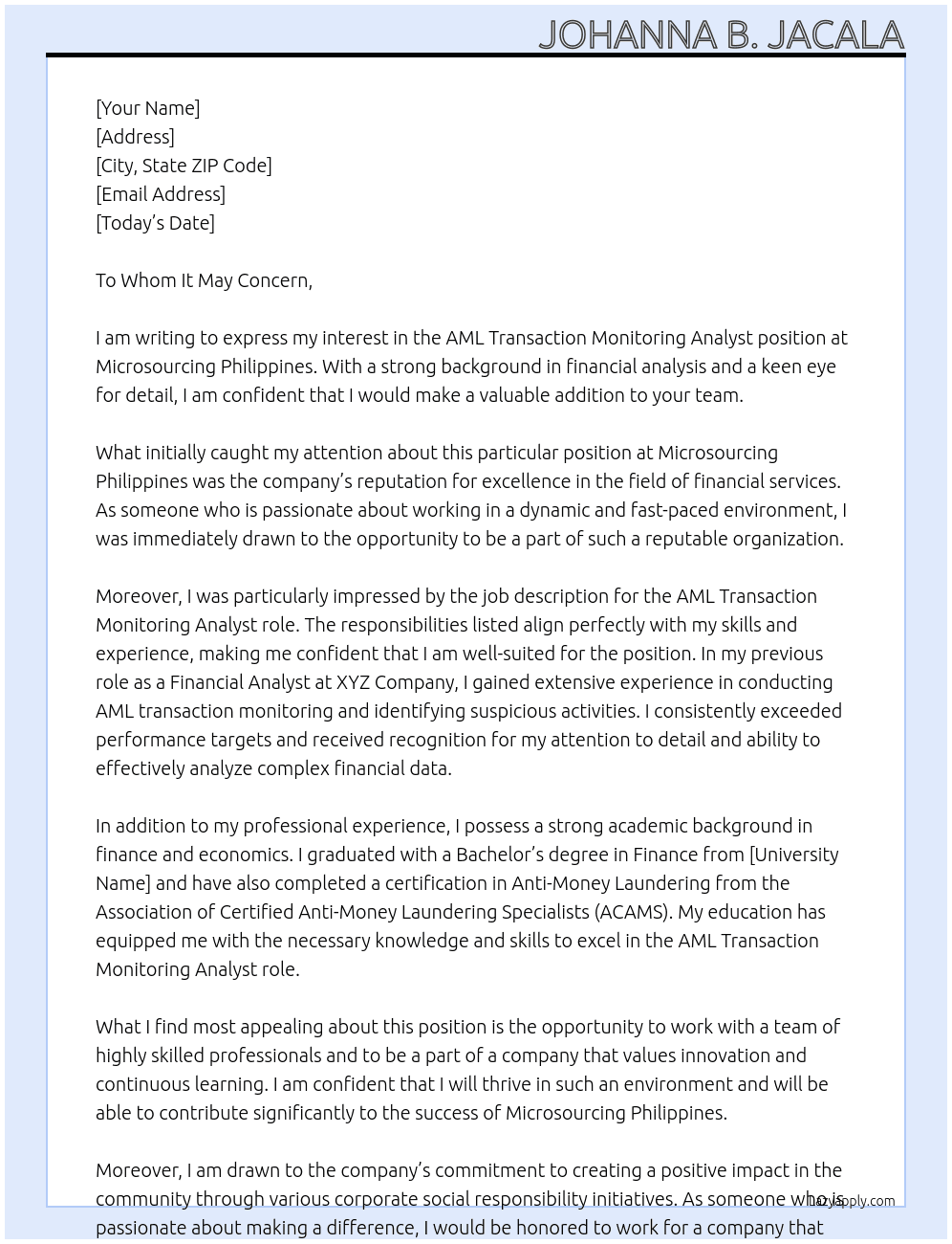 AML Transaction Monitoring Analyst At Microsourcing Philippines Cover Letter