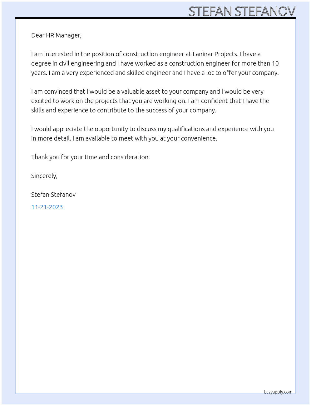 Construction engineer At Laninar Projects Cover Letter