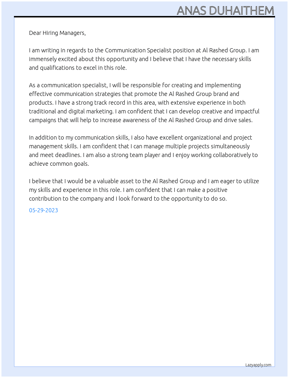 Communication Specialist At Al Rashed Group Cover Letter