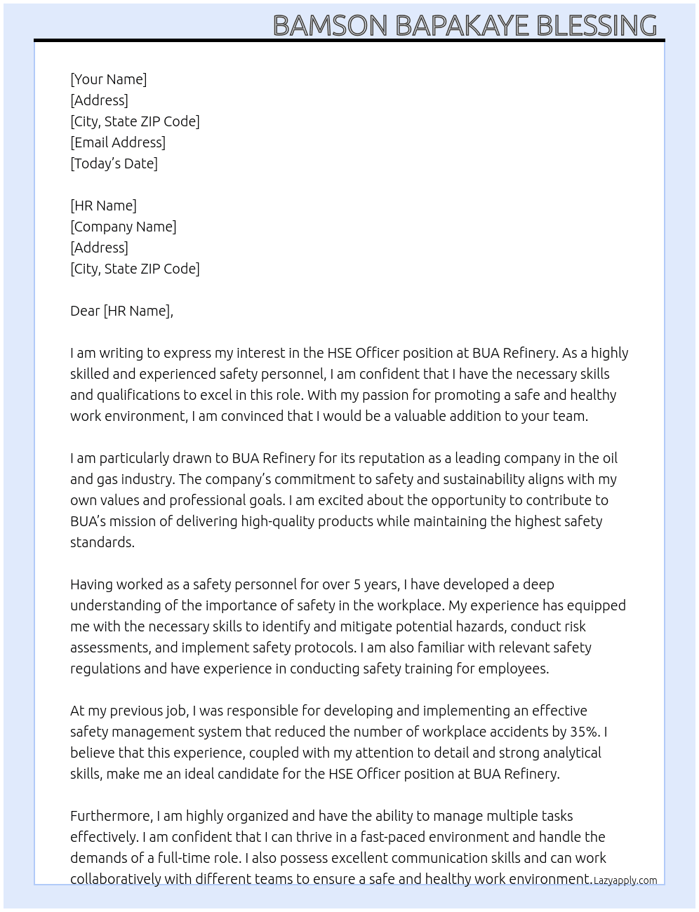 HSE OFFICER At BUA REFINERY  Cover Letter