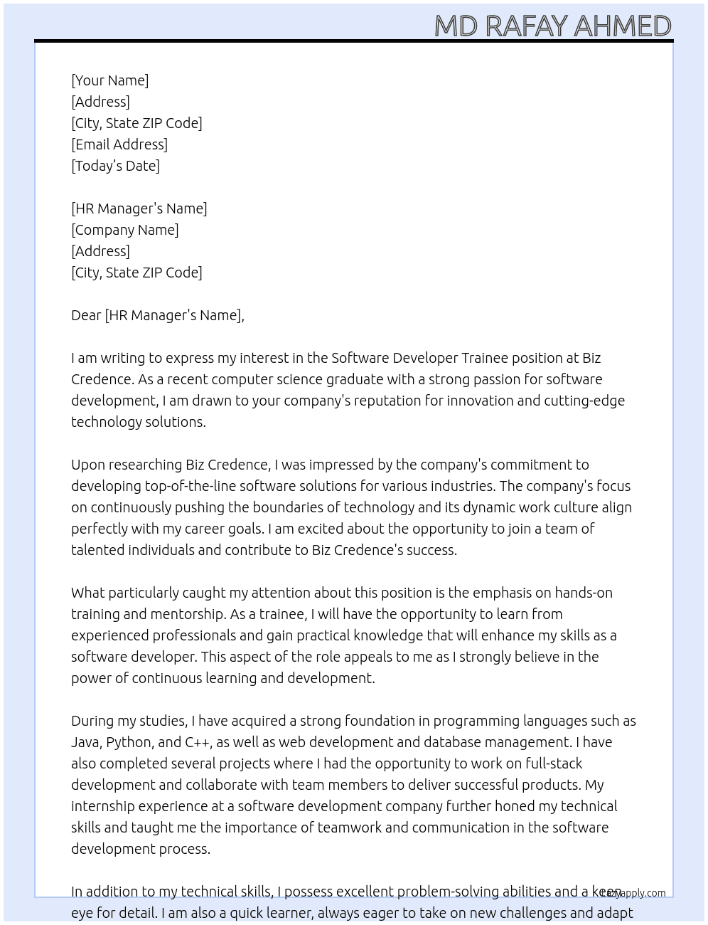 Software developer trainee At Biz Credence Cover Letter