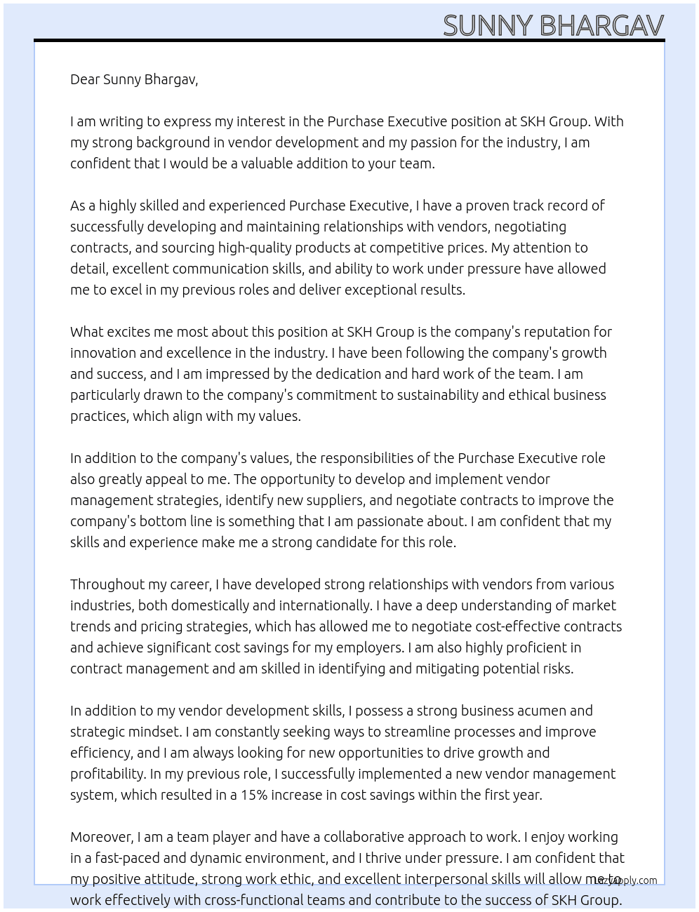Purchase  At SKH Group Cover Letter