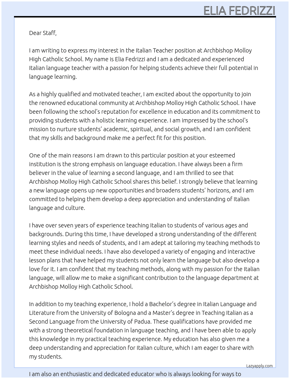 Italian Teacher At Archbishop Molloy High Catholic School Cover Letter