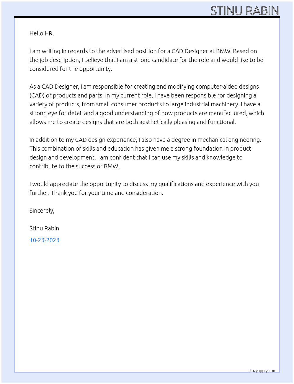 cad designer At bmw Cover Letter