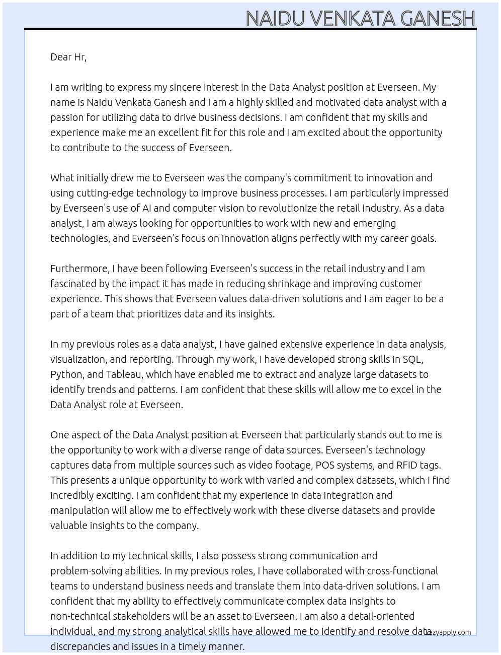 Data analyst  At Everseen Cover Letter