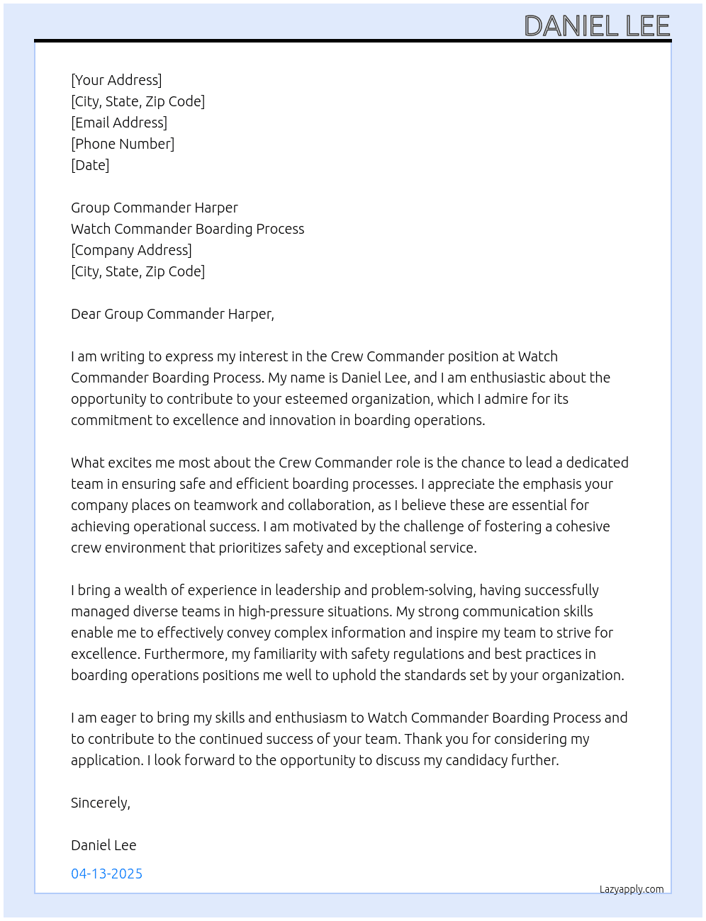 Crew Commander  At Watch Commander Boarding Process  Cover Letter