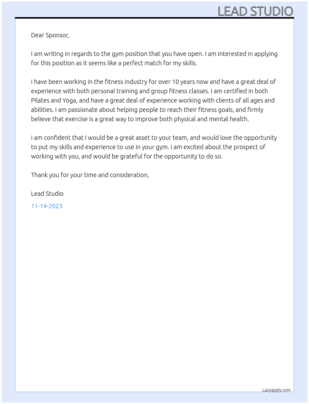 Gym At Sponsorshhip Cover Letter