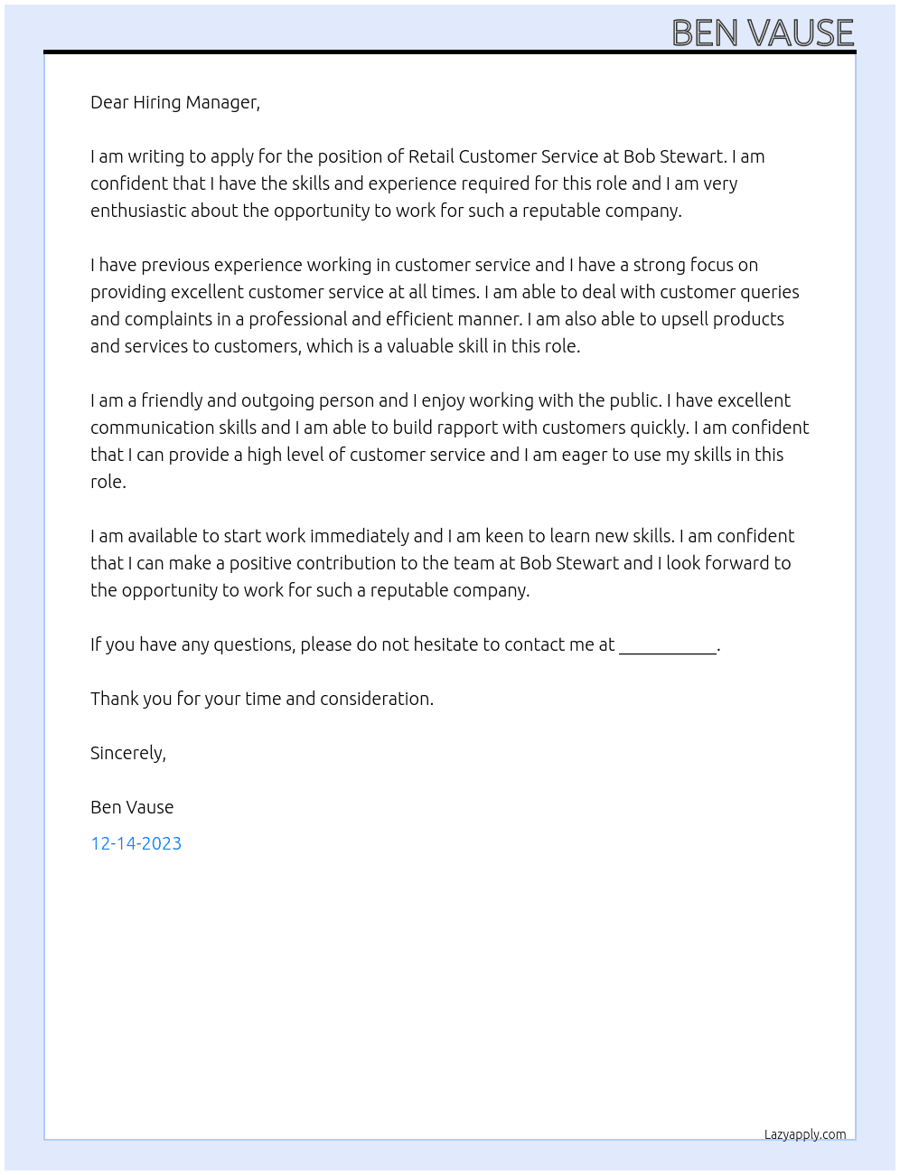 REtail Customer Service At Bob Stewart Cover Letter