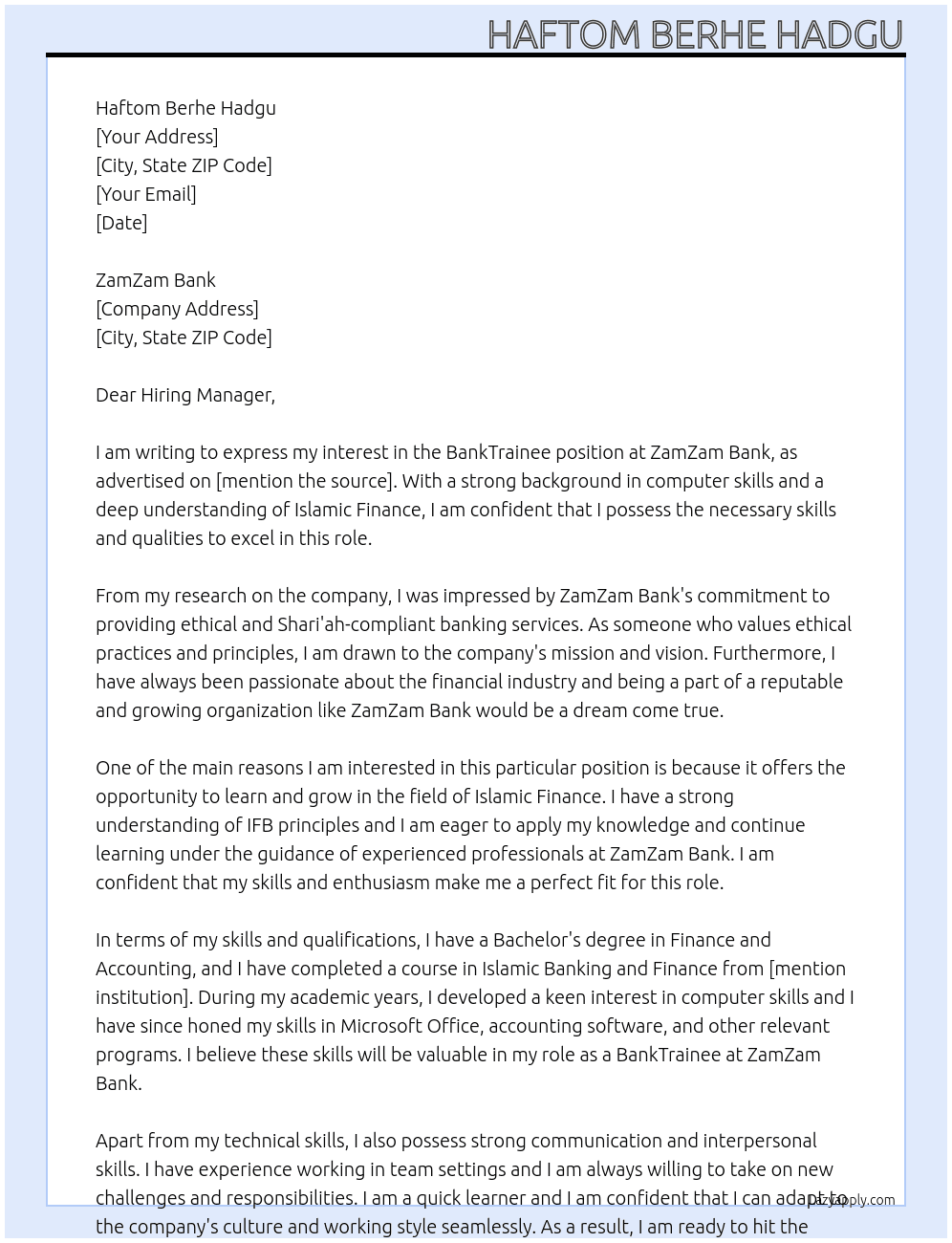 BankTrainee At ZamZam Bank Cover Letter