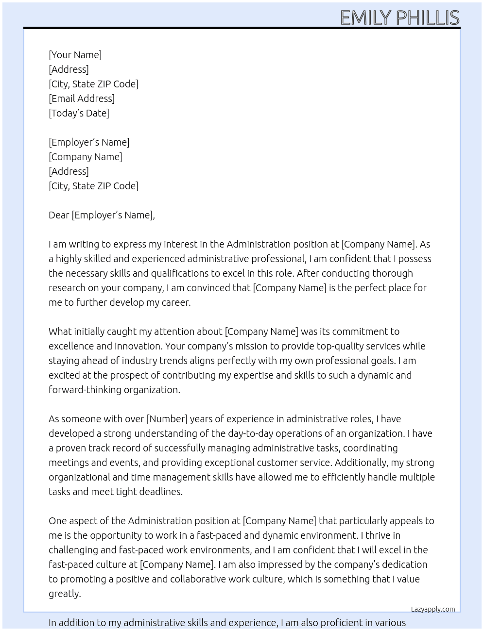 Administration At INSERT Cover Letter