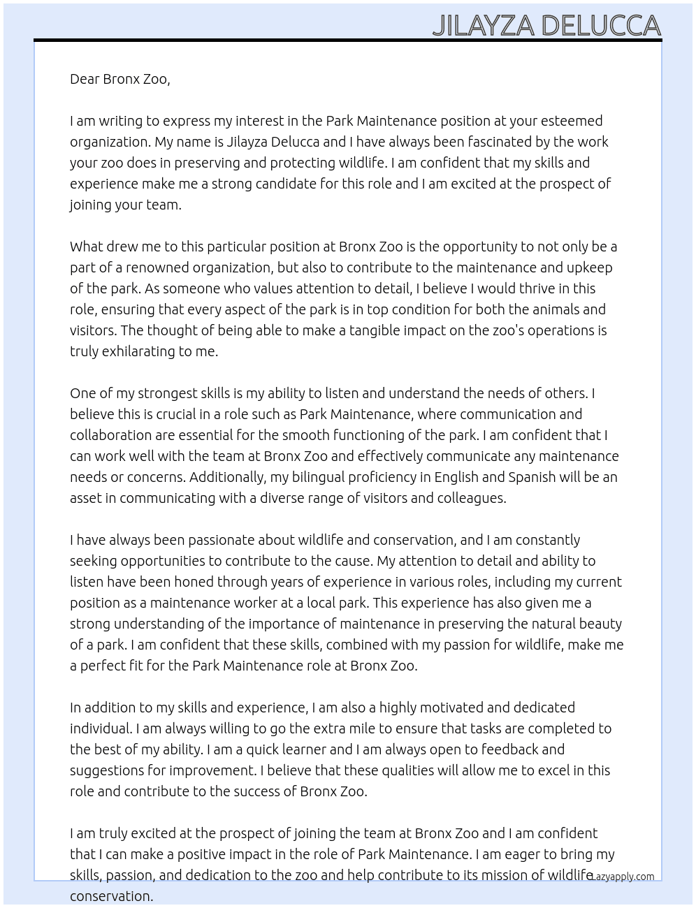 Park Maintenance At Bronx Zoo Cover Letter
