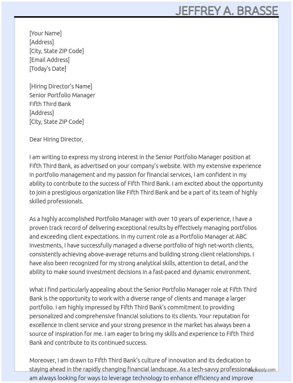 Senior Portfolio Manager At Fifth Third Bank Cover Letter