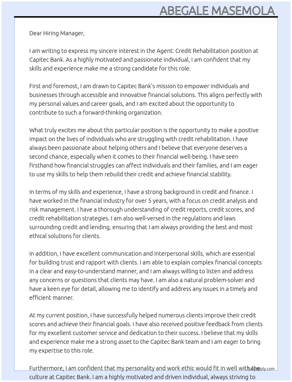 Agent: Credit Rehabilitation  At Capitec Bank Cover Letter